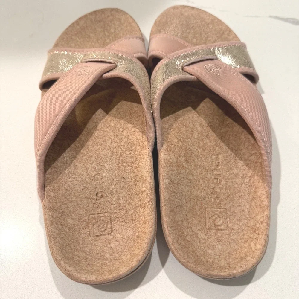 Spenco Womens Orthotic Slide Sandals Blush‎ Pink Gold Metallic Strappy Size 10